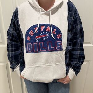 Buffalo Bills Up-Cycled hoodie with flannel sleeves